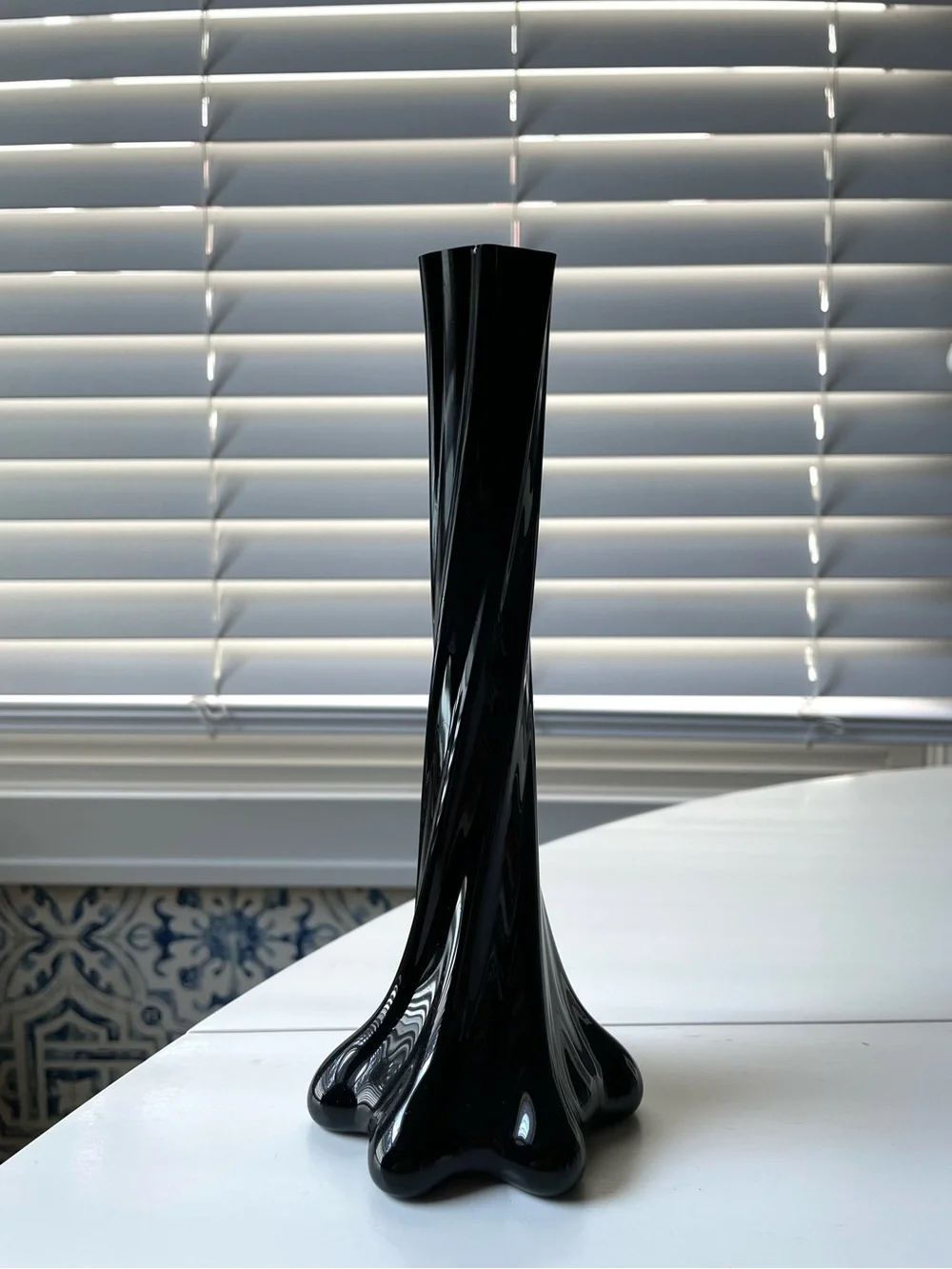 Vintage black glass twist bud vase minimalist